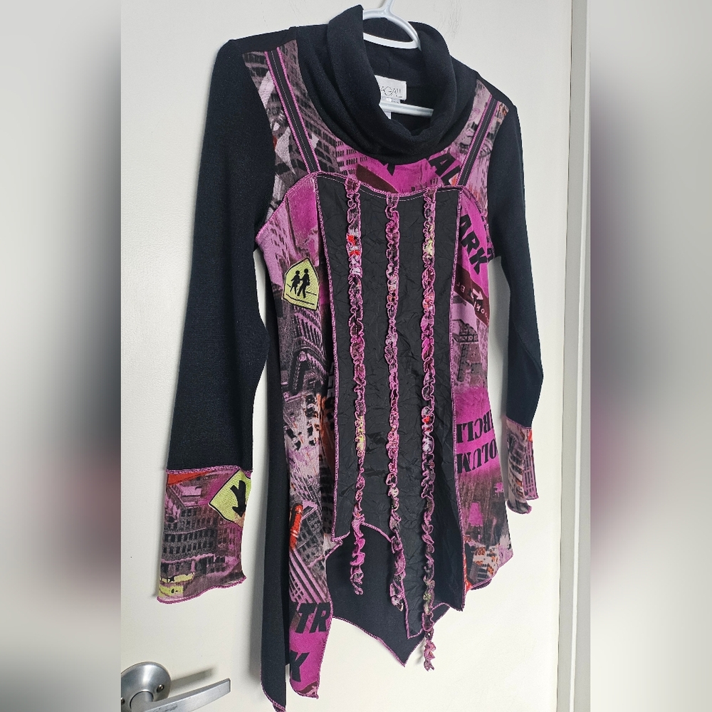 Chagall Textured Mixed Media Collage Textured Faux Bustier Cowl Neck Tunic